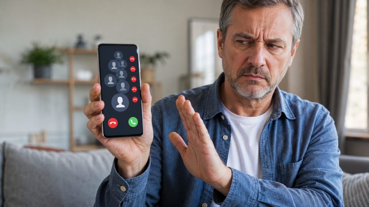 Homme agacé faisant un geste de refus devant un smartphone affichant plusieurs appels commerciaux, pour illustrer l’interdiction du démarchage téléphonique sans consentement dès le 11 août 2026.