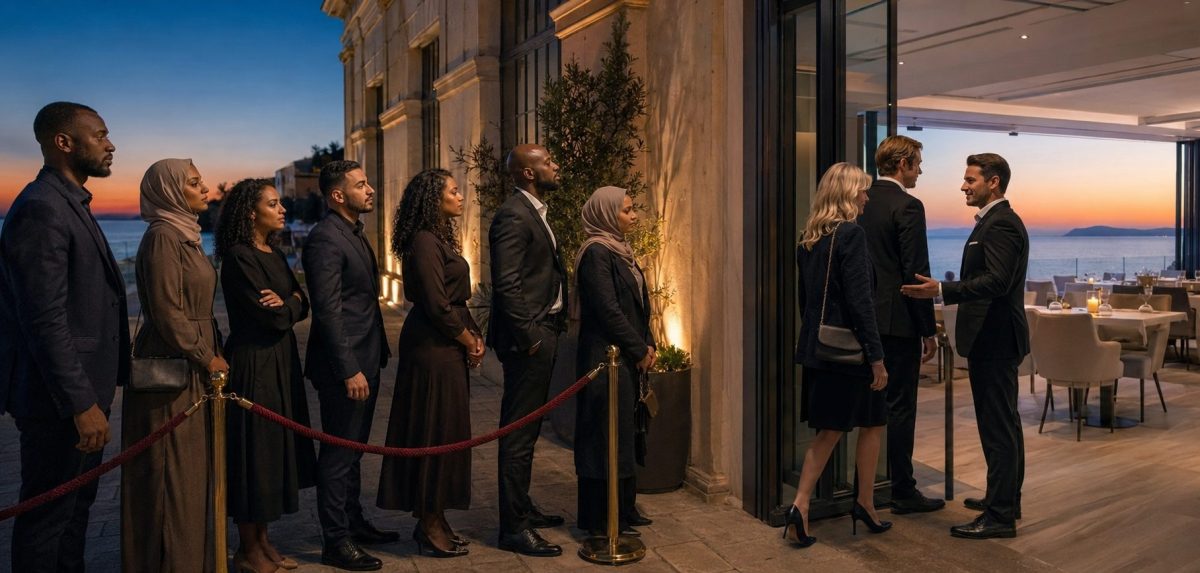 Clients noirs et arabes retenus derrière un cordon à l’entrée d’un établissement privé en bord de mer, tandis qu’un couple blanc est accueilli à l’intérieur.