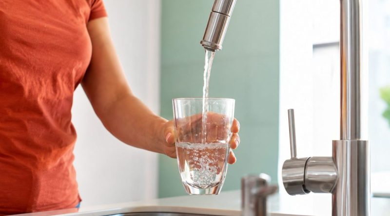Une personne remplit un verre d'eau au robinet dans une cuisine pendant une période de canicule. L'eau potable peut dépasser 25 °C dans les canalisations lors de fortes chaleurs, favorisant le développement de micro-organismes. Illustration des risques liés à une eau du robinet trop chaude et des précautions recommandées pour préserver la qualité de l'eau potable.