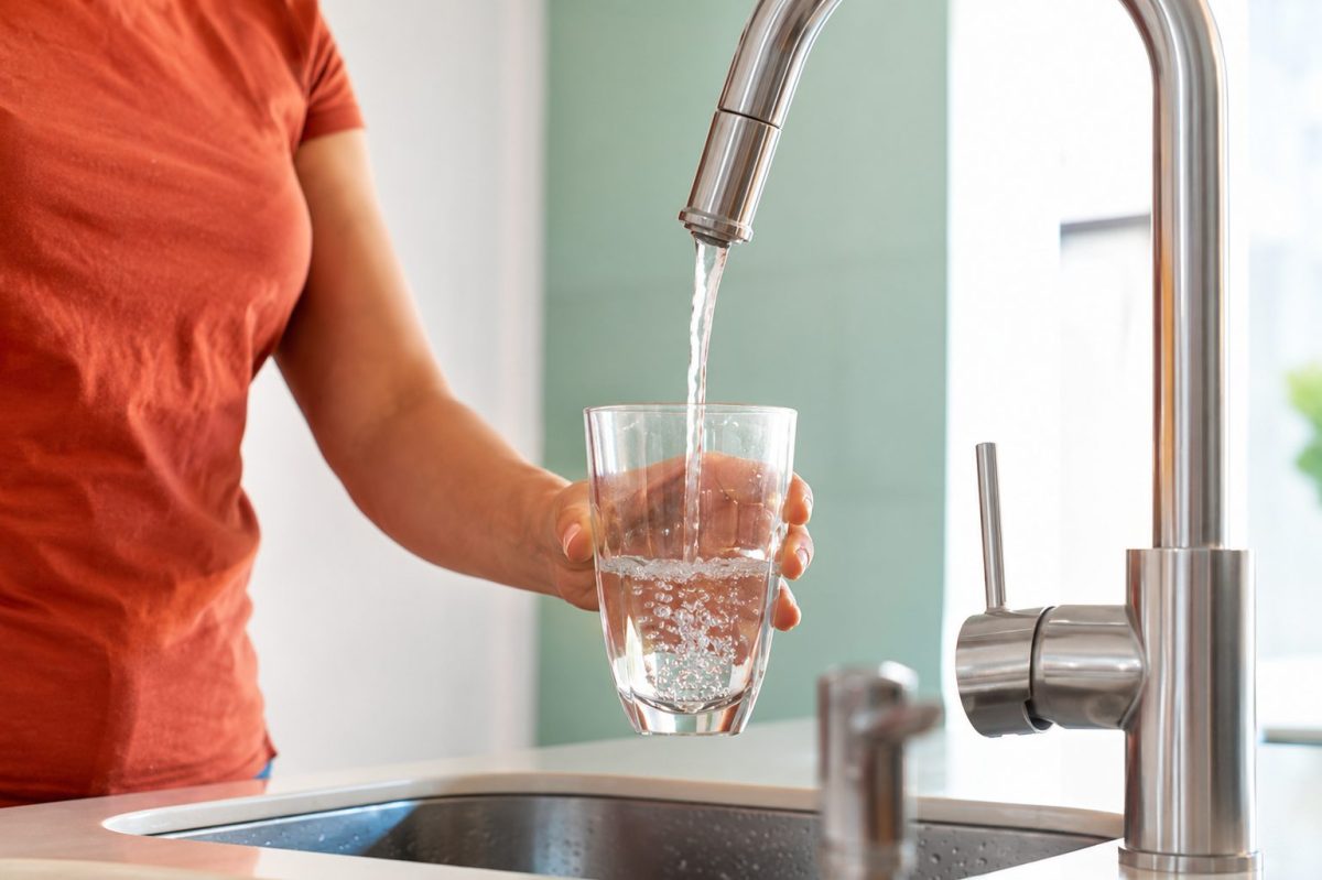 Une personne remplit un verre d'eau au robinet dans une cuisine pendant une période de canicule. L'eau potable peut dépasser 25 °C dans les canalisations lors de fortes chaleurs, favorisant le développement de micro-organismes. Illustration des risques liés à une eau du robinet trop chaude et des précautions recommandées pour préserver la qualité de l'eau potable.