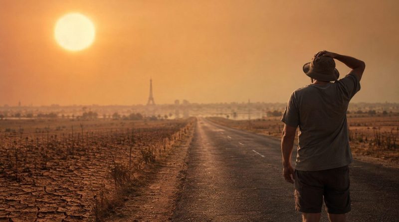 Homme se protégeant du soleil face à une route traversant un paysage desséché, avec la tour Eiffel au loin, illustrant le risque de canicule en France durant l’été 2027.