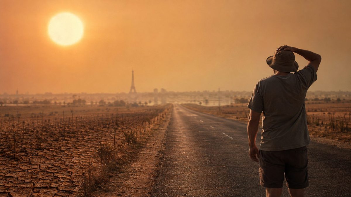 Homme se protégeant du soleil face à une route traversant un paysage desséché, avec la tour Eiffel au loin, illustrant le risque de canicule en France durant l’été 2027.