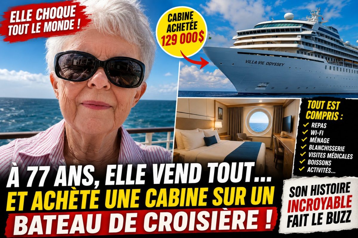 Montage illustrant Sharon Lane, une retraitée américaine de 77 ans, qui a vendu tous ses biens pour acheter une cabine sur le bateau de croisière résidentiel Villa Vie Odyssey. L'image montre son portrait, le paquebot de croisière et une cabine tout confort. Sharon Lane a choisi de vivre en permanence à bord afin de faire le tour du monde, estimant que cette solution lui coûtait moins cher qu'une résidence pour seniors en Californie. Le Villa Vie Odyssey propose une résidence flottante avec repas, Wi-Fi, ménage, blanchisserie, soins médicaux de base et visites de centaines de destinations dans 147 pays. Une histoire vraie relayée par CNN et NBC Los Angeles qui illustre une nouvelle tendance de retraite en mer.