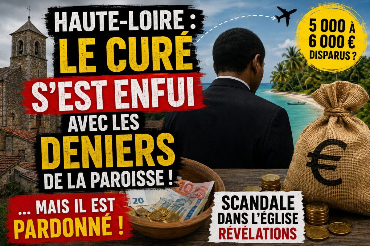 Illustration représentant une église, un prêtre de dos face à une plage de Madagascar, un sac rempli d'argent et des pièces en euros, en référence à l'affaire du curé de Haute-Loire accusé d'avoir détourné entre 5.000 et 6.000 euros provenant des dons et des quêtes des fidèles.