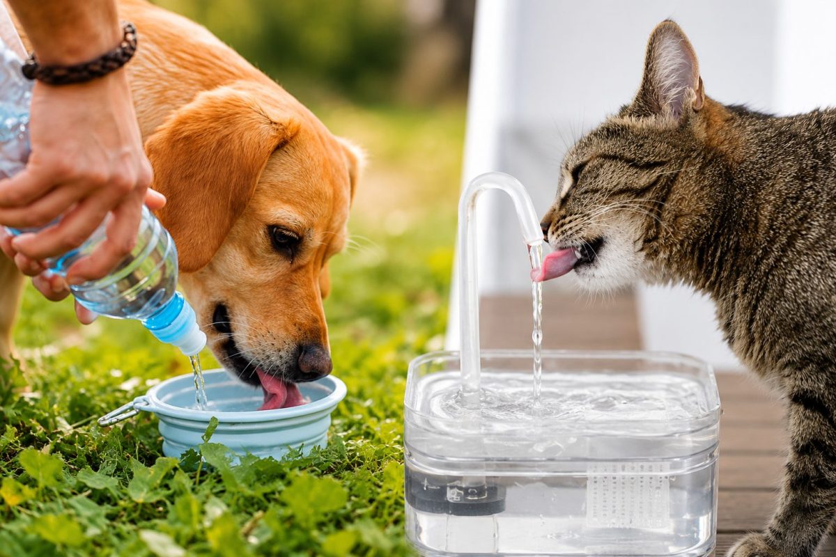 Un chien boit de l'eau fraîche dans une gamelle pendant qu'un chat s'hydrate à une fontaine à eau. Cette image illustre les gestes essentiels pour protéger les animaux de compagnie pendant la canicule, en favorisant une hydratation régulière afin de prévenir le coup de chaleur lors des fortes températures estivales.
