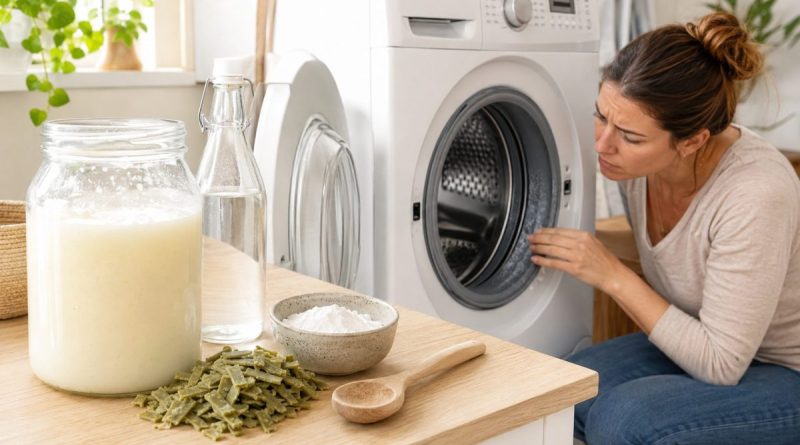 Femme examinant les dépôts dans son lave-linge à côté d’un bocal de lessive maison, de savon de Marseille et de bicarbonate de soude.