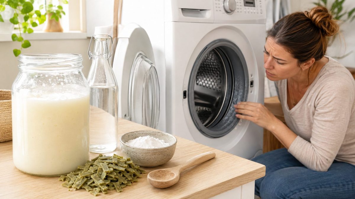 Femme examinant les dépôts dans son lave-linge à côté d’un bocal de lessive maison, de savon de Marseille et de bicarbonate de soude.