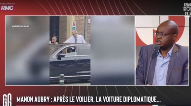 Capture d'écran de l'émission Les Grandes Gueules sur RMC Story montrant une vidéo de Manon Aubry montant dans une berline avec chauffeur à Bruxelles. Les chroniqueurs débattent des réactions suscitées sur les réseaux sociaux après cette séquence et évoquent les critiques visant l'eurodéputée de La France insoumise.