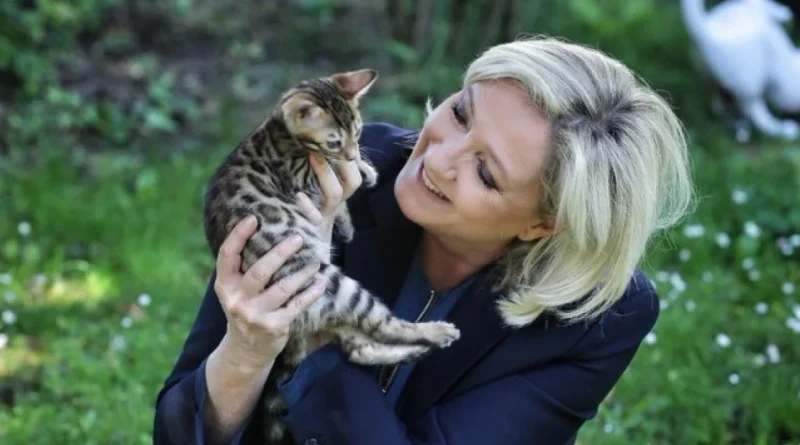 Marine Le Pen souriant et tenant dans ses mains un jeune chat bengal dans un jardin.