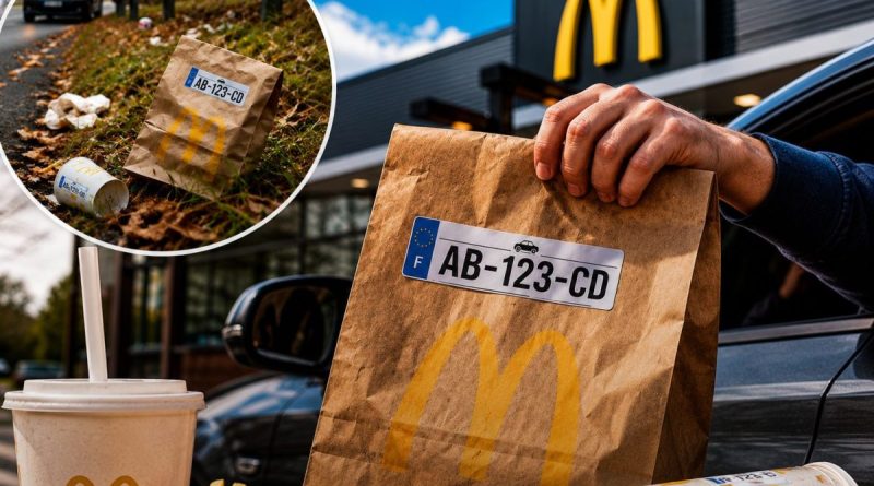 Illustration montrant un sac McDonald's remis au Drive avec une plaque d'immatriculation fictive imprimée dessus, devant un restaurant de l'enseigne. Un encadré présente un emballage abandonné au bord d'une route afin d'illustrer le projet envisagé par McDonald's pour lutter contre les déchets sauvages et responsabiliser les automobilistes.