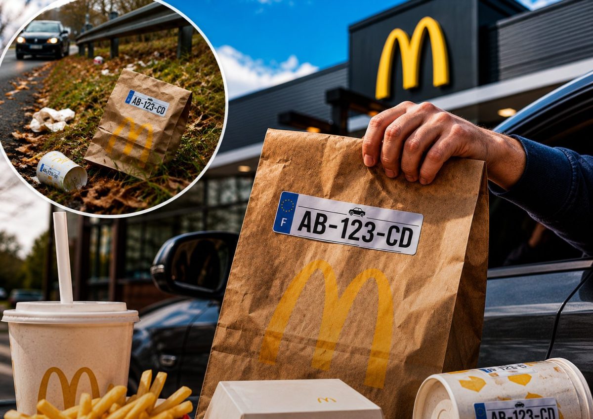 Illustration montrant un sac McDonald's remis au Drive avec une plaque d'immatriculation fictive imprimée dessus, devant un restaurant de l'enseigne. Un encadré présente un emballage abandonné au bord d'une route afin d'illustrer le projet envisagé par McDonald's pour lutter contre les déchets sauvages et responsabiliser les automobilistes.