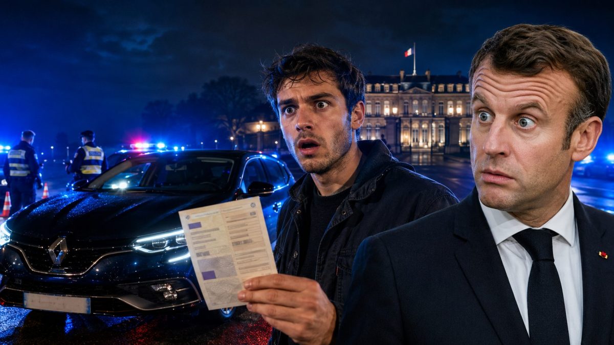 Photomontage éditorial montrant un acheteur surpris tenant une carte grise illisible devant une Renault Mégane RS lors d’un contrôle de police, avec Emmanuel Macron et le palais de l’Élysée en arrière-plan.