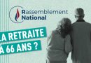 Illustration montrant un couple de retraités de dos devant le logo du Rassemblement National (RN) avec l'inscription « La retraite à 66 ans ? ». Cette image évoque le débat sur les retraites en France, les propositions du RN visant à supprimer la réforme Macron de 2023, le retour de l'âge légal de départ à 62 ans, les 42 années de cotisation pour une retraite à taux plein, ainsi que les enjeux liés au pouvoir d'achat des retraités et à l'avenir du système de retraite français.