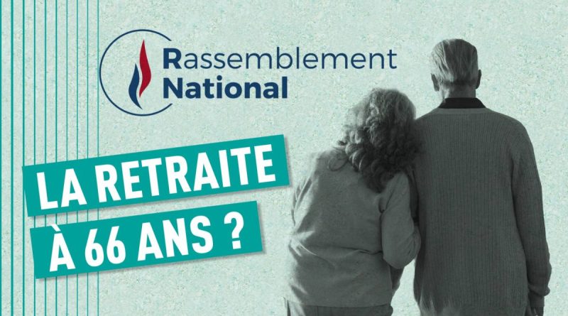 Illustration montrant un couple de retraités de dos devant le logo du Rassemblement National (RN) avec l'inscription « La retraite à 66 ans ? ». Cette image évoque le débat sur les retraites en France, les propositions du RN visant à supprimer la réforme Macron de 2023, le retour de l'âge légal de départ à 62 ans, les 42 années de cotisation pour une retraite à taux plein, ainsi que les enjeux liés au pouvoir d'achat des retraités et à l'avenir du système de retraite français.