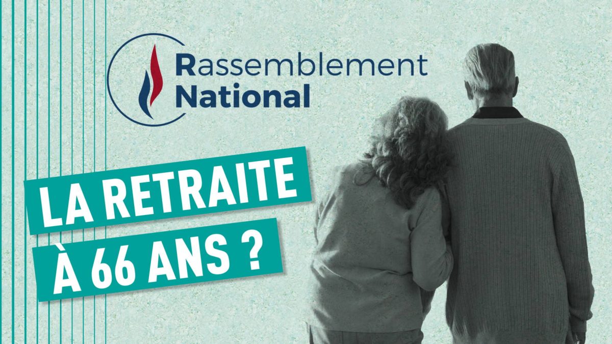 Illustration montrant un couple de retraités de dos devant le logo du Rassemblement National (RN) avec l'inscription « La retraite à 66 ans ? ». Cette image évoque le débat sur les retraites en France, les propositions du RN visant à supprimer la réforme Macron de 2023, le retour de l'âge légal de départ à 62 ans, les 42 années de cotisation pour une retraite à taux plein, ainsi que les enjeux liés au pouvoir d'achat des retraités et à l'avenir du système de retraite français.
