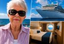 Montage illustrant Sharon Lane, une retraitée américaine de 77 ans, posant sur le pont d'un bateau de croisière, accompagné d'une vue du navire résidentiel Villa Vie Odyssey et d'une cabine avec hublot donnant sur l'océan. Après avoir vendu une grande partie de ses biens, elle a acheté une cabine afin de vivre en permanence sur ce paquebot qui parcourt le monde. Cette résidence flottante propose un mode de vie tout compris avec repas, Wi-Fi, ménage, blanchisserie et services médicaux de base, tout en visitant des centaines de destinations à travers plusieurs dizaines de pays. Cette histoire vraie, relayée notamment par CNN et NBC Los Angeles, illustre une nouvelle manière d'envisager la retraite en voyageant autour du monde.