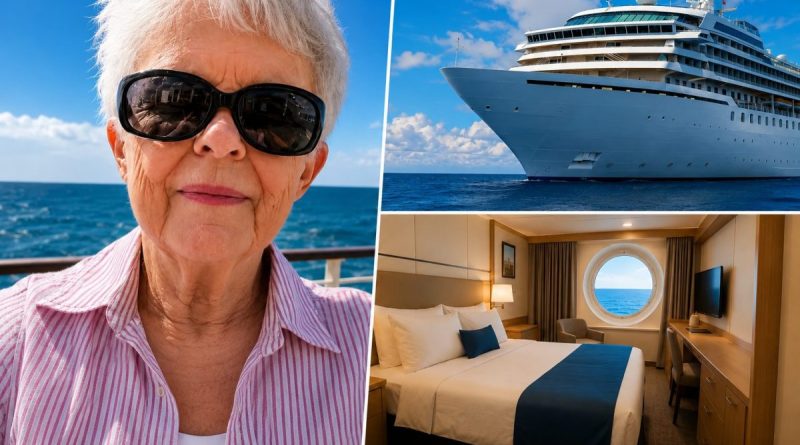 Montage illustrant Sharon Lane, une retraitée américaine de 77 ans, posant sur le pont d'un bateau de croisière, accompagné d'une vue du navire résidentiel Villa Vie Odyssey et d'une cabine avec hublot donnant sur l'océan. Après avoir vendu une grande partie de ses biens, elle a acheté une cabine afin de vivre en permanence sur ce paquebot qui parcourt le monde. Cette résidence flottante propose un mode de vie tout compris avec repas, Wi-Fi, ménage, blanchisserie et services médicaux de base, tout en visitant des centaines de destinations à travers plusieurs dizaines de pays. Cette histoire vraie, relayée notamment par CNN et NBC Los Angeles, illustre une nouvelle manière d'envisager la retraite en voyageant autour du monde.