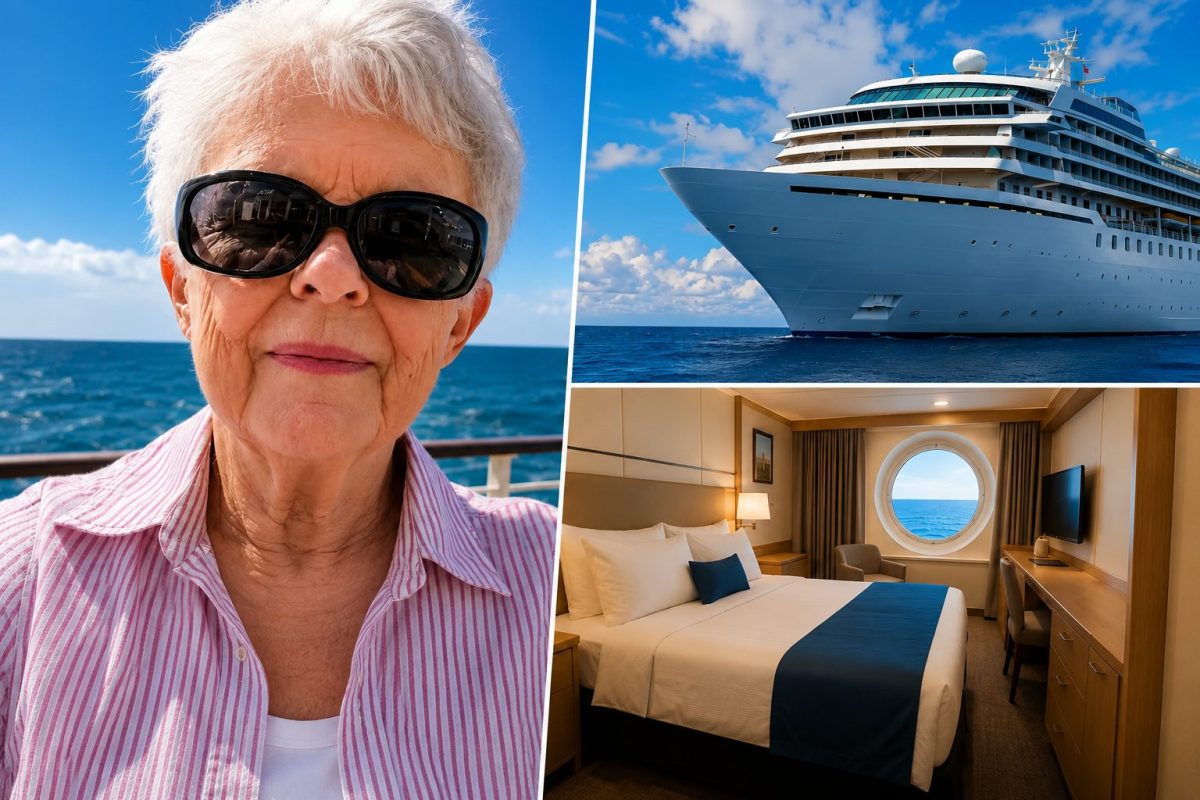 Montage illustrant Sharon Lane, une retraitée américaine de 77 ans, posant sur le pont d'un bateau de croisière, accompagné d'une vue du navire résidentiel Villa Vie Odyssey et d'une cabine avec hublot donnant sur l'océan. Après avoir vendu une grande partie de ses biens, elle a acheté une cabine afin de vivre en permanence sur ce paquebot qui parcourt le monde. Cette résidence flottante propose un mode de vie tout compris avec repas, Wi-Fi, ménage, blanchisserie et services médicaux de base, tout en visitant des centaines de destinations à travers plusieurs dizaines de pays. Cette histoire vraie, relayée notamment par CNN et NBC Los Angeles, illustre une nouvelle manière d'envisager la retraite en voyageant autour du monde.