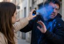 Femme utilisant un spray d'autodéfense à encre bleue sur un agresseur dans une rue, illustrant le dispositif de marquage utilisé aux Pays-Bas pour faciliter l'identification des suspects après une agression.