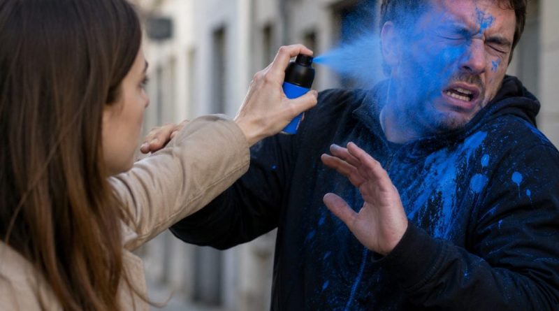 Femme utilisant un spray d'autodéfense à encre bleue sur un agresseur dans une rue, illustrant le dispositif de marquage utilisé aux Pays-Bas pour faciliter l'identification des suspects après une agression.