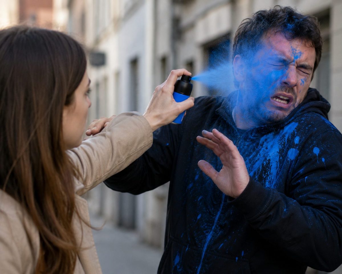 Femme utilisant un spray d'autodéfense à encre bleue sur un agresseur dans une rue, illustrant le dispositif de marquage utilisé aux Pays-Bas pour faciliter l'identification des suspects après une agression.