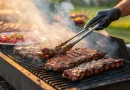 Barbecue en plein air avec plusieurs morceaux de viande grillant sur les braises, illustrant le conflit de voisinage opposant une femme vegan à ses voisins en raison des odeurs de viande et de poisson, une affaire portée devant la justice.