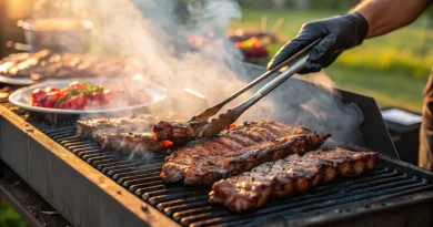 Barbecue en plein air avec plusieurs morceaux de viande grillant sur les braises, illustrant le conflit de voisinage opposant une femme vegan à ses voisins en raison des odeurs de viande et de poisson, une affaire portée devant la justice.