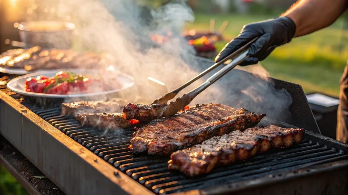 Barbecue en plein air avec plusieurs morceaux de viande grillant sur les braises, illustrant le conflit de voisinage opposant une femme vegan à ses voisins en raison des odeurs de viande et de poisson, une affaire portée devant la justice.