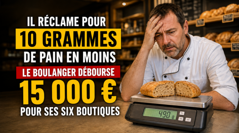 Boulanger allemand devant un demi-pain posé sur une balance affichant 490 grammes, après une réclamation pour 10 grammes manquants ayant conduit à près de 15 000 euros d’investissement.