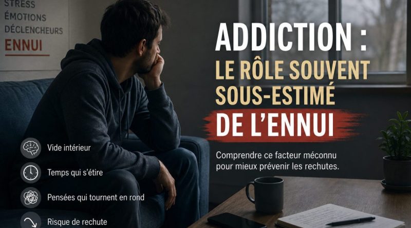 Illustration représentant une personne seule, assise dans une pièce silencieuse, regardant dans le vide. L'image symbolise le lien entre l'ennui, le vide intérieur et le risque de rechute dans les addictions.