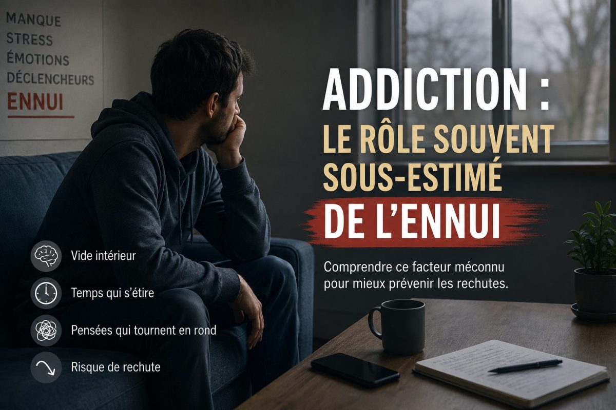Illustration représentant une personne seule, assise dans une pièce silencieuse, regardant dans le vide. L'image symbolise le lien entre l'ennui, le vide intérieur et le risque de rechute dans les addictions.