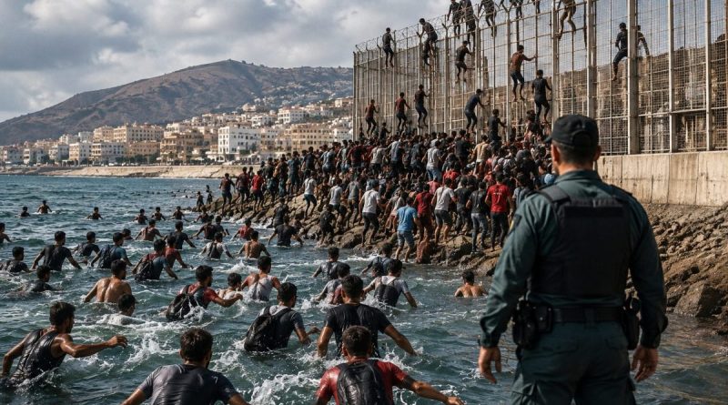 Des centaines de migrants tentent de rejoindre l'enclave espagnole de Ceuta depuis le Maroc en longeant la frontière maritime et la clôture de sécurité, illustrant la crise migratoire de 2026 entre le Maroc et l'Espagne.