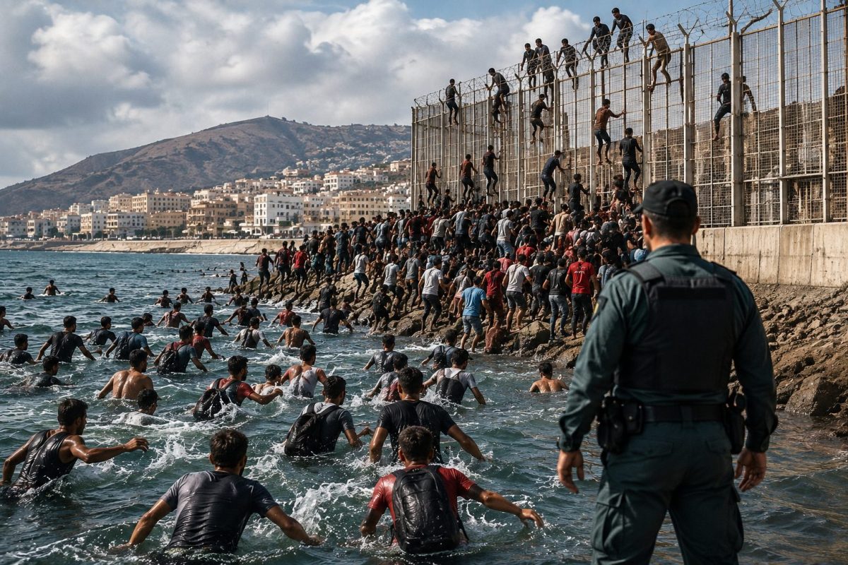 Des centaines de migrants tentent de rejoindre l'enclave espagnole de Ceuta depuis le Maroc en longeant la frontière maritime et la clôture de sécurité, illustrant la crise migratoire de 2026 entre le Maroc et l'Espagne.