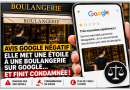 Illustration d’une cliente publiant un avis Google négatif d’une étoile sur une boulangerie, en référence à l’affaire d’une jeune femme condamnée en Suisse après ses publications contre un établissement et une employée.