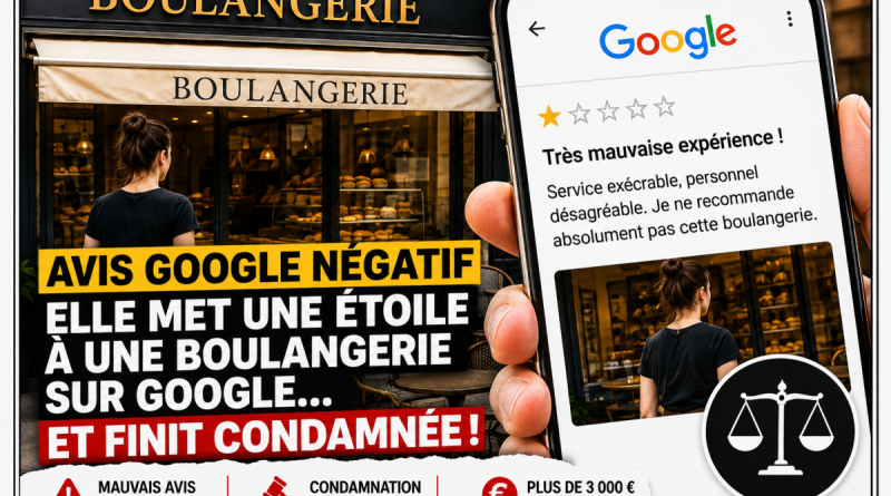 Illustration d’une cliente publiant un avis Google négatif d’une étoile sur une boulangerie, en référence à l’affaire d’une jeune femme condamnée en Suisse après ses publications contre un établissement et une employée.