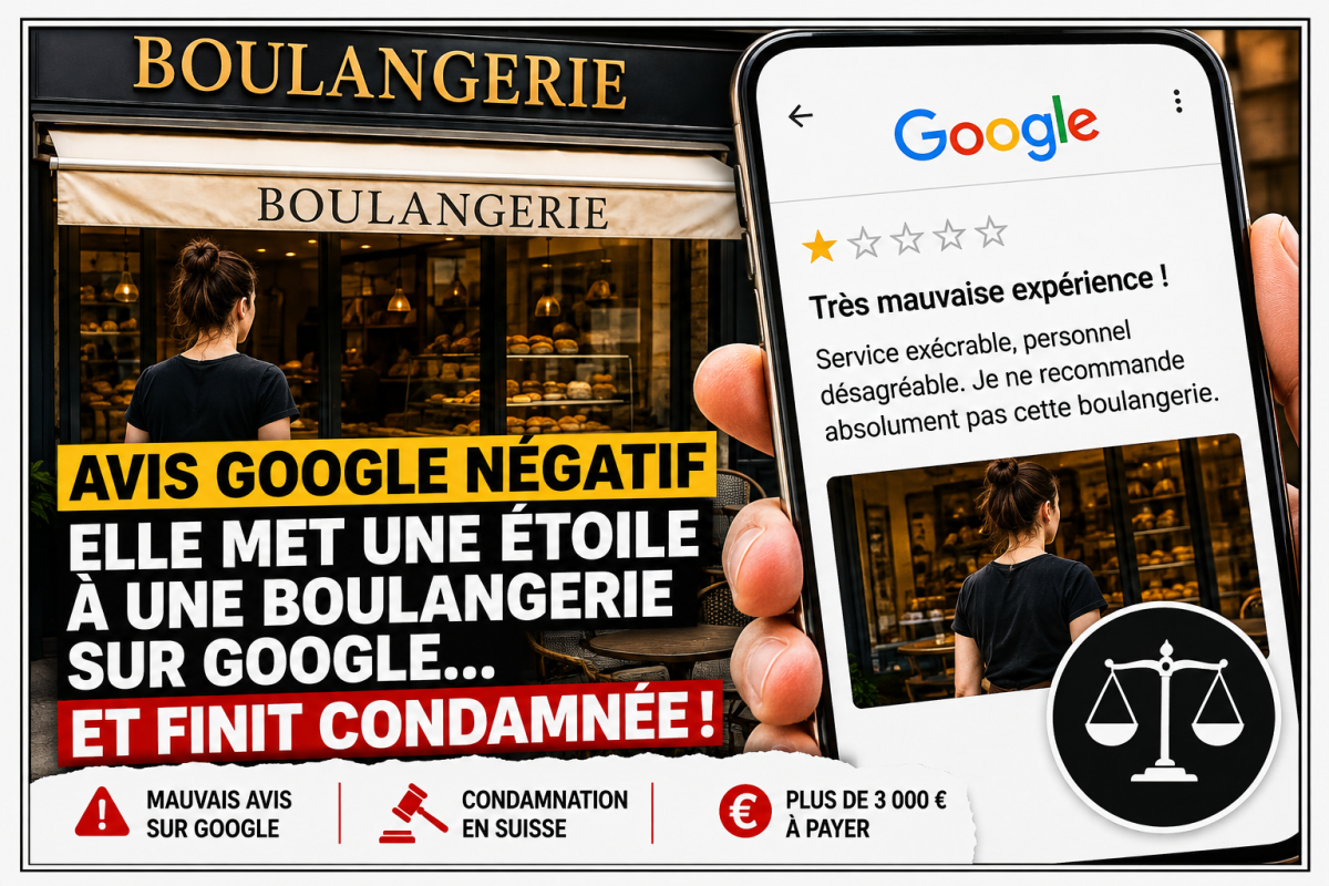 Illustration d’une cliente publiant un avis Google négatif d’une étoile sur une boulangerie, en référence à l’affaire d’une jeune femme condamnée en Suisse après ses publications contre un établissement et une employée.
