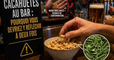 Bol de cacahuètes servi sur le comptoir d’un bar, dans lequel une personne plonge la main, avec une illustration de bactéries et de mains sales pour évoquer les risques de contamination liés aux cacahuètes partagées.
