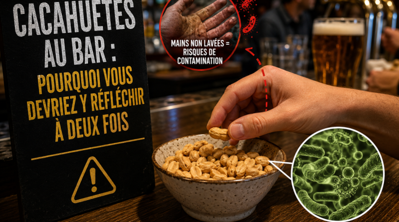 Bol de cacahuètes servi sur le comptoir d’un bar, dans lequel une personne plonge la main, avec une illustration de bactéries et de mains sales pour évoquer les risques de contamination liés aux cacahuètes partagées.