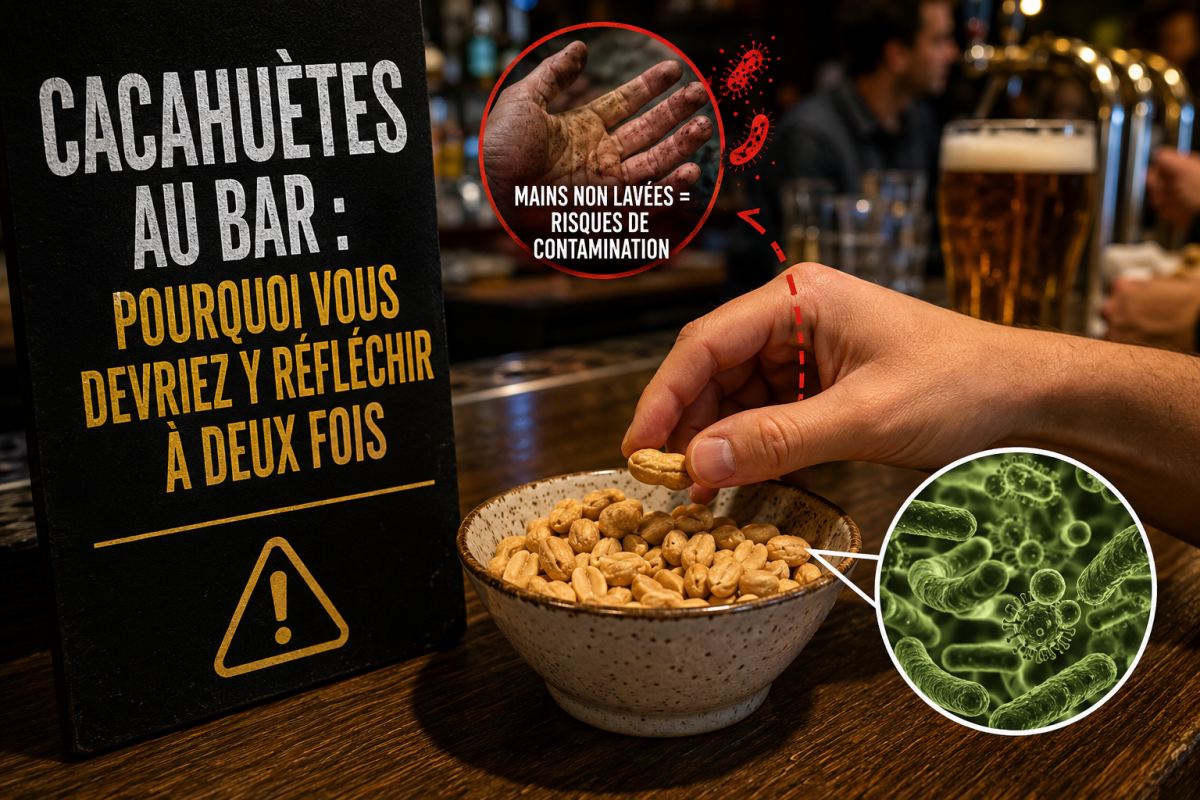 Bol de cacahuètes servi sur le comptoir d’un bar, dans lequel une personne plonge la main, avec une illustration de bactéries et de mains sales pour évoquer les risques de contamination liés aux cacahuètes partagées.