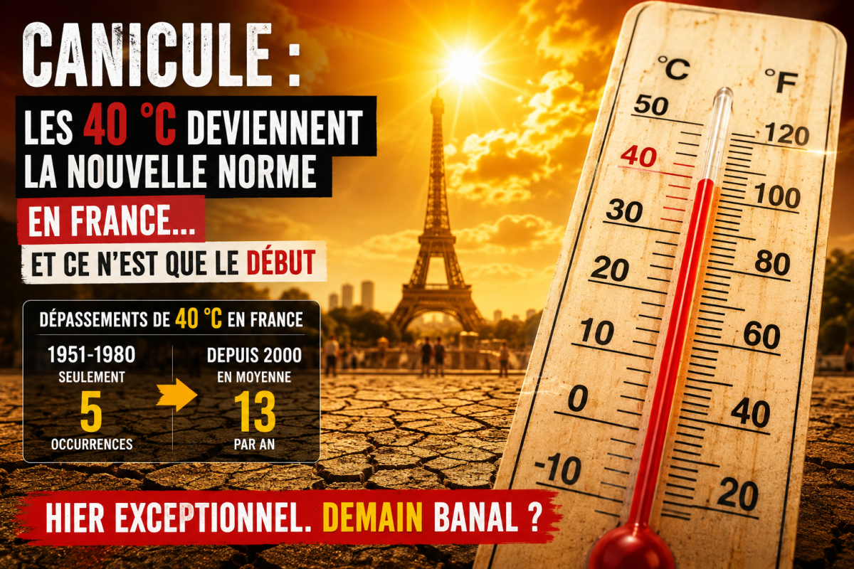 Canicule et chaleur extrême en France avec un thermomètre dépassant 40 °C, illustrant la multiplication des températures records liée au réchauffement climatique.