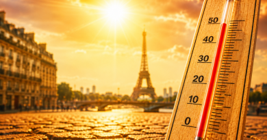 Thermomètre extérieur affichant une température supérieure à 40 °C devant la tour Eiffel à Paris, sous un soleil intense, illustrant la multiplication des épisodes de chaleur extrême et des canicules en France.