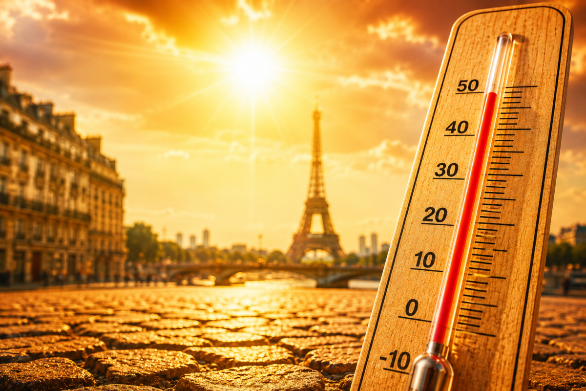 Thermomètre extérieur affichant une température supérieure à 40 °C devant la tour Eiffel à Paris, sous un soleil intense, illustrant la multiplication des épisodes de chaleur extrême et des canicules en France.