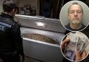 Illustration photoréaliste représentant un policier découvrant un congélateur contenant le corps dissimulé d'une femme âgée, avec un portrait d'un homme et des billets en livres sterling évoquant la fraude aux allocations dans cette affaire survenue au Pays de Galles.