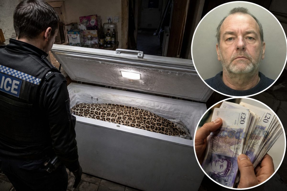 Illustration photoréaliste représentant un policier découvrant un congélateur contenant le corps dissimulé d'une femme âgée, avec un portrait d'un homme et des billets en livres sterling évoquant la fraude aux allocations dans cette affaire survenue au Pays de Galles.