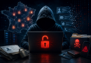 Cybercriminel encapuchonné devant un ordinateur, avec une carte numérique de la France, des dossiers personnels, des coordonnées compromises et des symboles d’alerte illustrant le vol d’informations.
