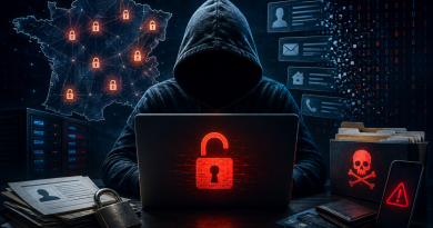 Cybercriminel encapuchonné devant un ordinateur, avec une carte numérique de la France, des dossiers personnels, des coordonnées compromises et des symboles d’alerte illustrant le vol d’informations.