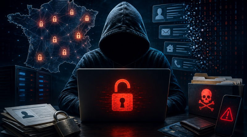 Cybercriminel encapuchonné devant un ordinateur, avec une carte numérique de la France, des dossiers personnels, des coordonnées compromises et des symboles d’alerte illustrant le vol d’informations.