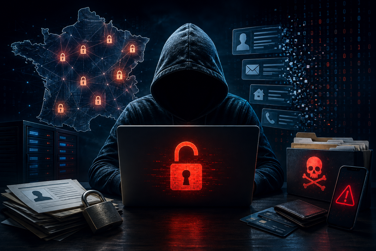 Cybercriminel encapuchonné devant un ordinateur, avec une carte numérique de la France, des dossiers personnels, des coordonnées compromises et des symboles d’alerte illustrant le vol d’informations.