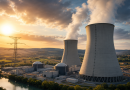 Centrale nucléaire française avec tours de refroidissement dégageant de la vapeur et lignes à haute tension, illustration du débat sur le prix de l’électricité nucléaire, EDF, l’ARENH à 42 euros par MWh et le fonctionnement du marché européen de l’électricité.