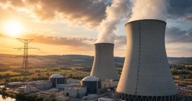 Centrale nucléaire française avec tours de refroidissement dégageant de la vapeur et lignes à haute tension, illustration du débat sur le prix de l’électricité nucléaire, EDF, l’ARENH à 42 euros par MWh et le fonctionnement du marché européen de l’électricité.